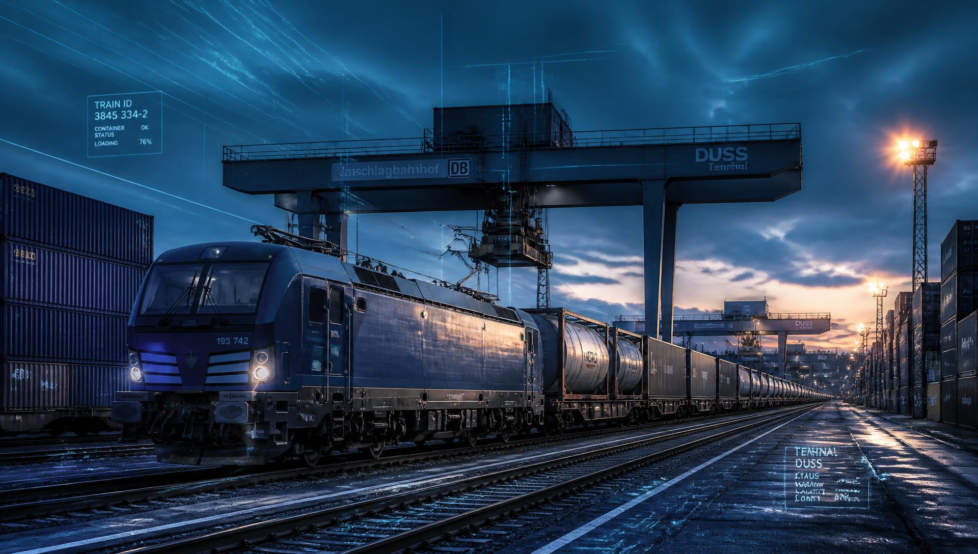 Freight train with container and tank wagons at an intermodal rail terminal at dusk